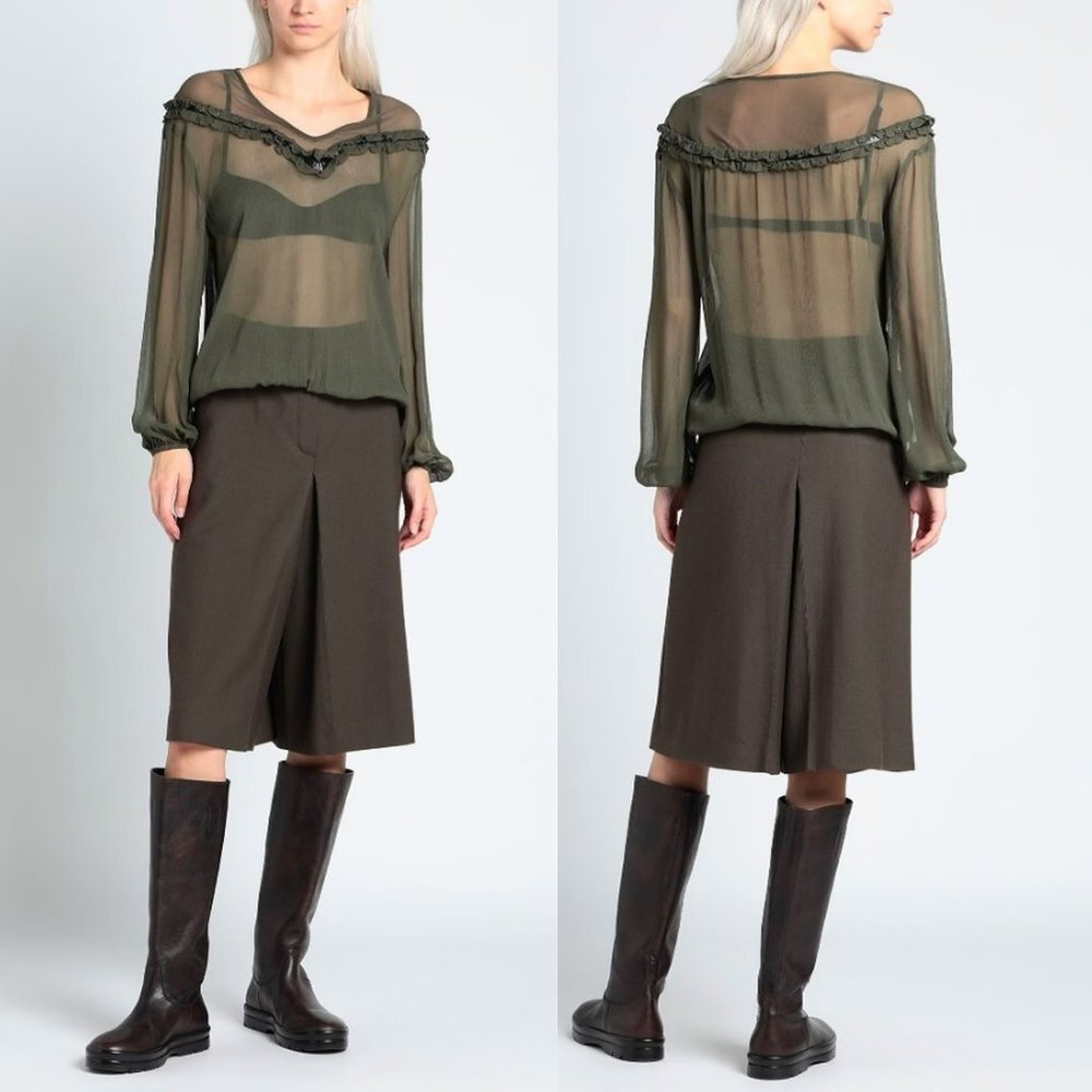 NWT New $203 Patrizia Pepe Olive Sheer Blouse Top Size 6